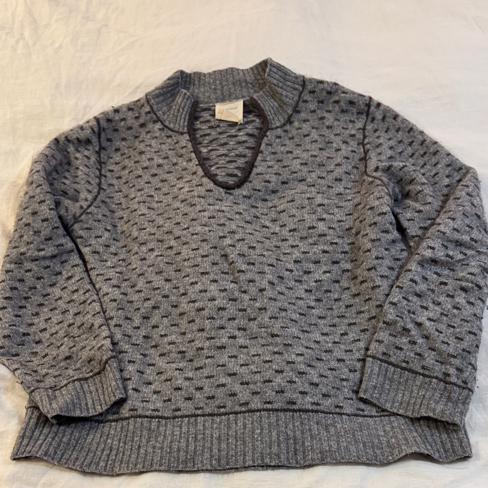 Billy Reid birdseye pattern grey sweater with retro collar, mens, relaxed XL
